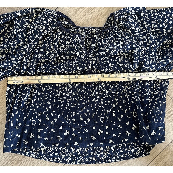 The GREAT. Perch Cotton Peasant Prairie Blouse Navy Cream Balloon Sleeve Boho - Picture 8 of 11